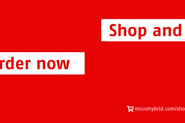 Advertising banner of Micro-Hybrid with the text "Shop and order now" on a red background and the internet adress to the online shop