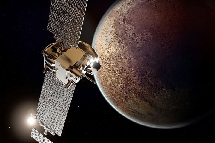 Space probe and sensor technology in space with a planet in the background