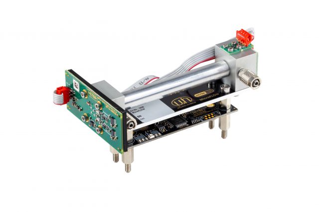 MicroFLOW gas flow sensor with printed circuit boards, cuvette, and gas connections