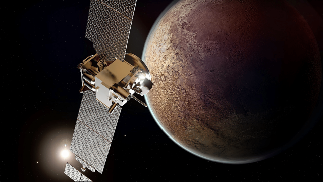 Space probe and sensor technology in space with a planet in the background