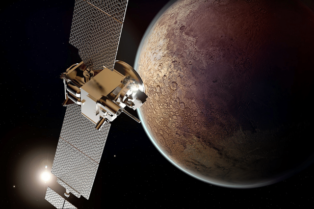Space probe and sensor technology in space with a planet in the background