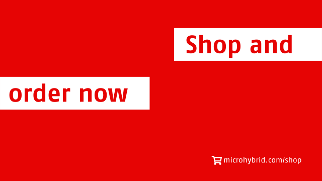 Advertising banner of Micro-Hybrid with the text "Shop and order now" on a red background and the internet adress to the online shop