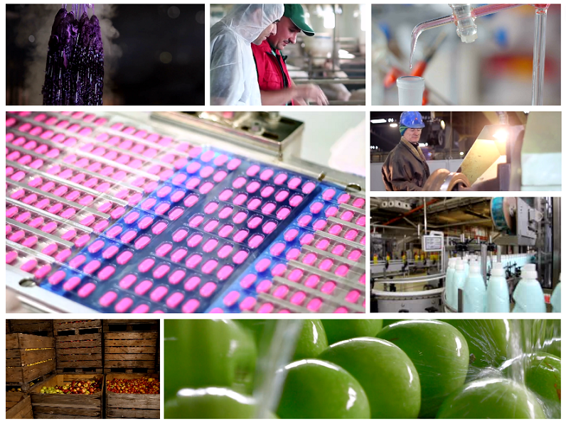collage mit anwendungen aus verschiedenen industriebranchen wie färbprozess, tierhaltung, herstellung von medikamenten, lebensmittel lagerung, fertigung von bauteilen