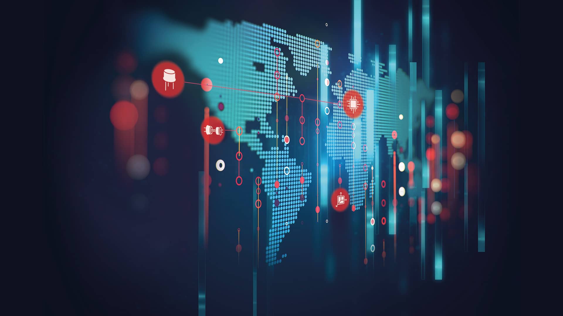 home page Electrically luminous world map with icons of electrical components
