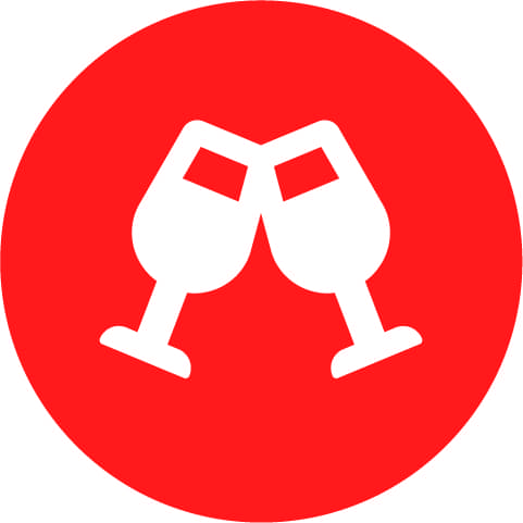 Icon anstoßende Sektgläser roter Hintergrund weißes Motiv